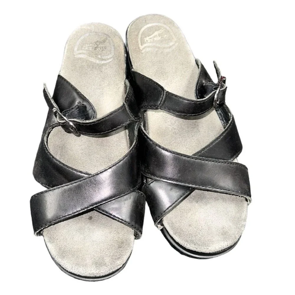 Dansko Sandals Womens 38 Sela Cross Strap Slip On Wedge Slide Black Leather - Picture 3 of 7